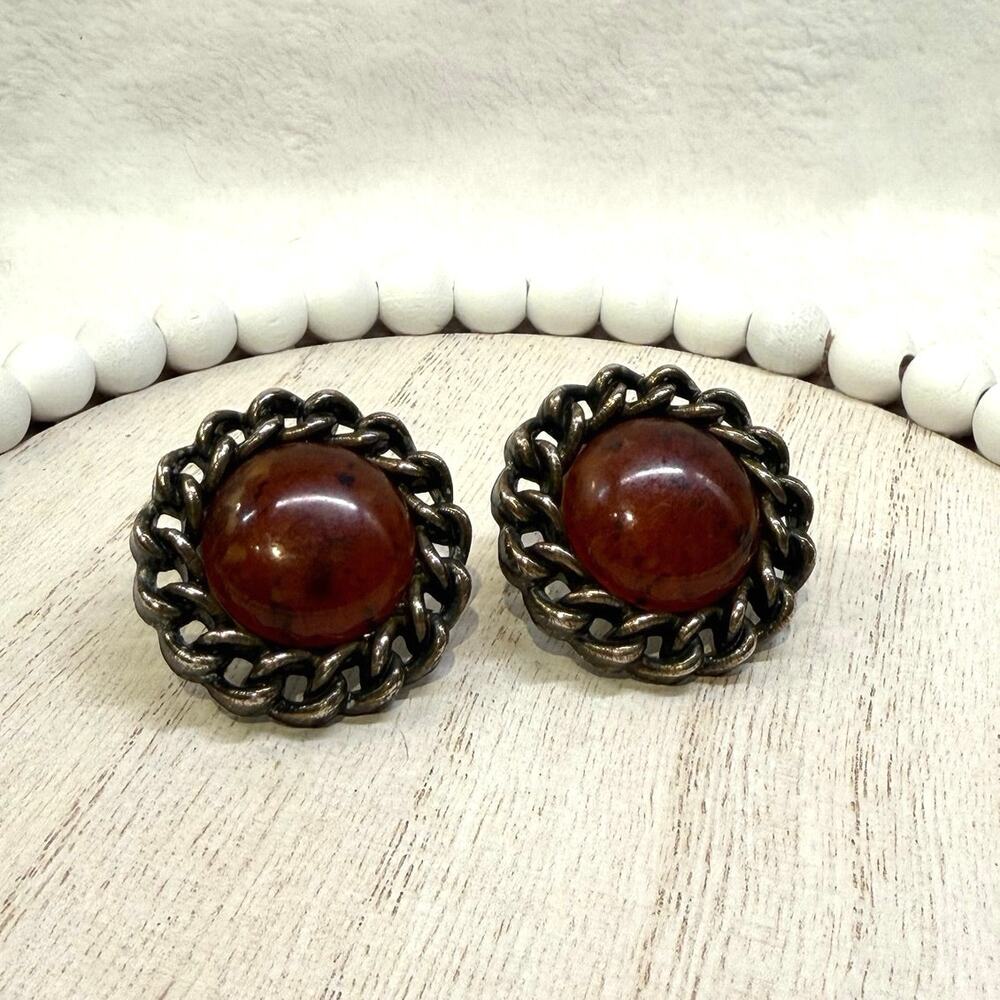 Vintage 80s Amber & Bronze Chain Clip-On Earrings ✨